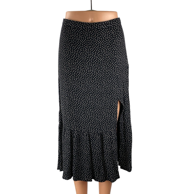 Abercrombie & Fitch Black White Polka Dots Side Slit Ruffle Slip Midi Skirt Sz S