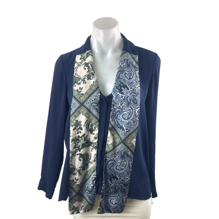 Zara Women's Blue Floral Paisley Long Sleeve V Neck Button Up Shirt Blouse Top S
