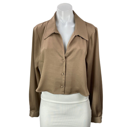 Zara Women's Tan Beige Long Sleeve Cropped Boxy Button Down Shirt Top Size XL