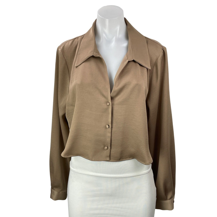 Zara Women's Tan Beige Long Sleeve Cropped Boxy Button Down Shirt Top Size XL