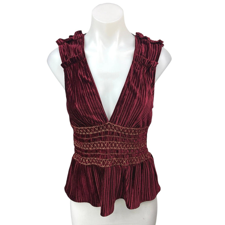 Allen Schwartz Maroon Velour Velvet Sleeveless Peplum Holiday Blouse Top Size XS