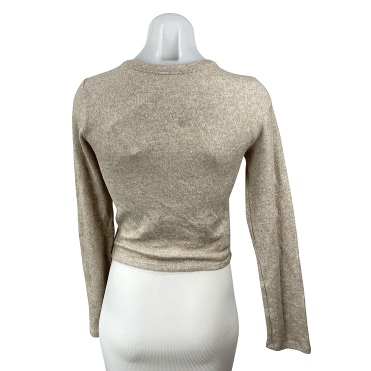 NEW Zara Women's Beige Long Sleeve Crew Neck Knit Slim Crop Sweater Top Size M