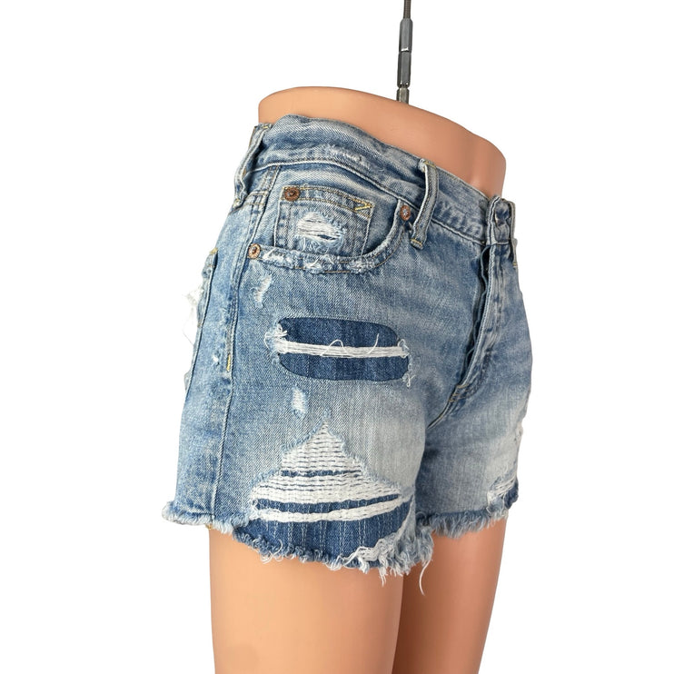 American Eagle Women's Blue Distressed Mid Rise Cut Off Denim Jean Shorts Size 0