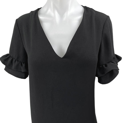 Zara Black Deep V Neck Ruffle Pullover Short Sleeve Shift Mini Dress Size S