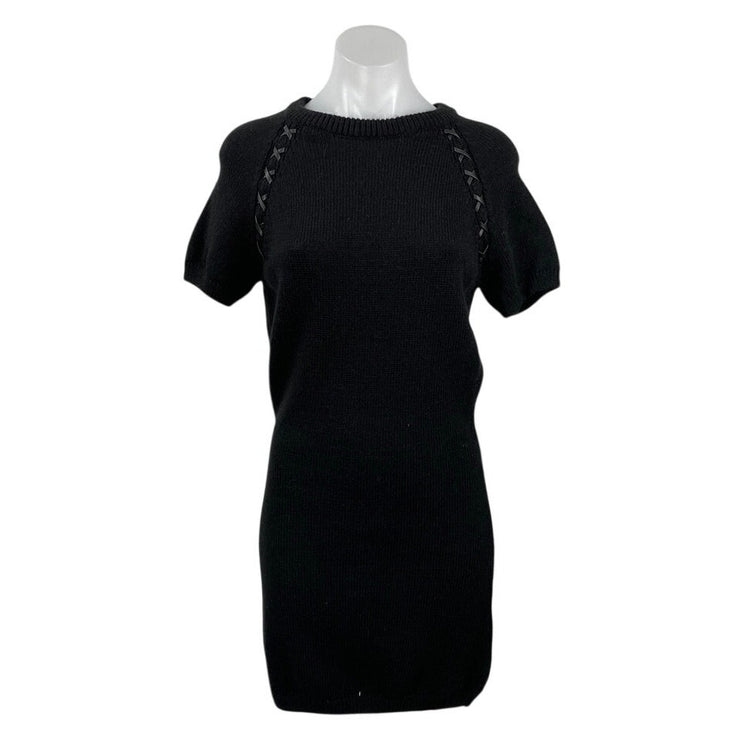 Zara Black Ribbed Knit Woven Metallic Short Sleeve Mini Shift Sweater Dress Sz S