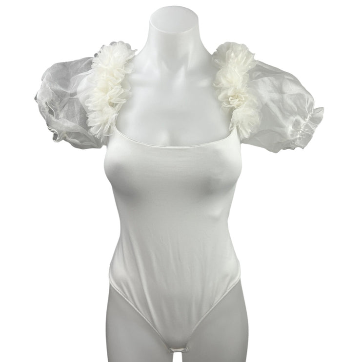 Free People Pretty Petals White Organza Puff Sleeves Thong  Bodysuit Top Size XS