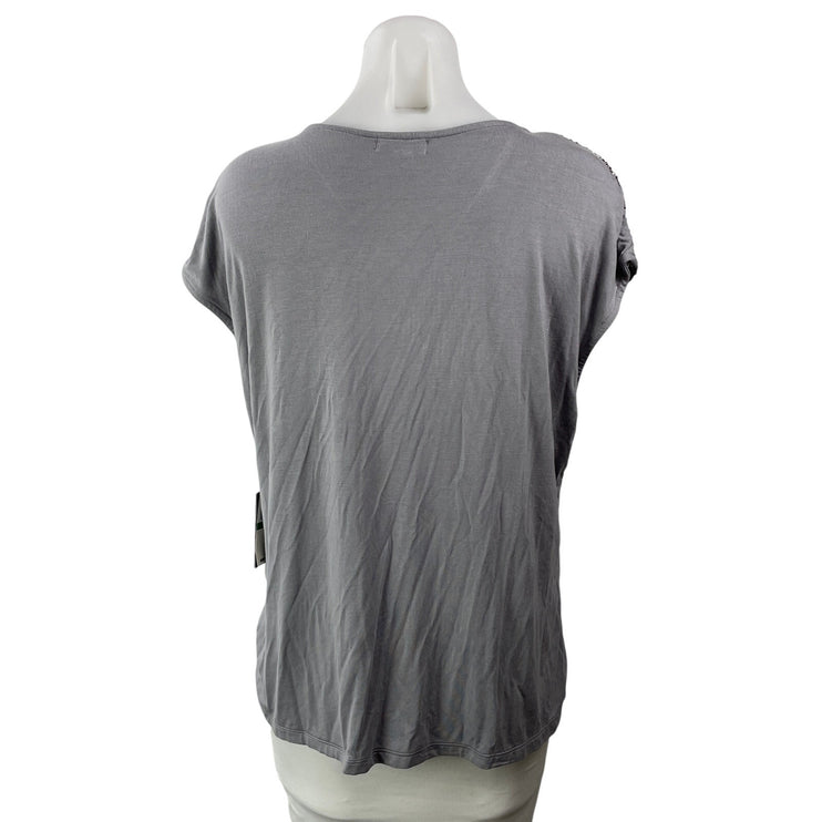 NEW Vince Camuto Womens Gray Short Sleeves Sequin Embellished Blouse Top Size L