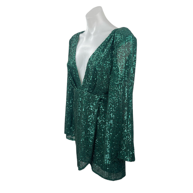 Luxxel Women's Green Sequin Mesh Deep V Neck Long Sleeve Mini Bodycon Dress Sz M