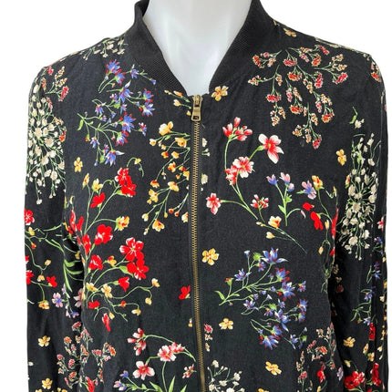 Cynthia Rowley Black Multicolor Floral Print Zip Up Bomber Coat Jacket Size S