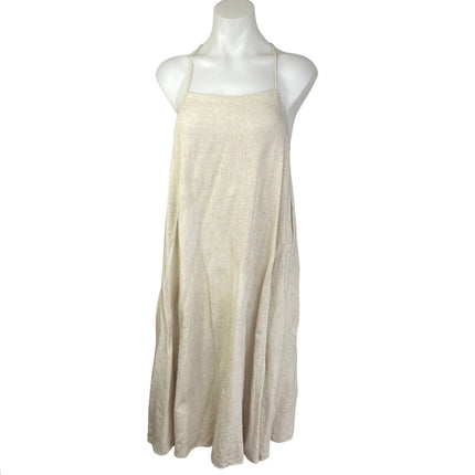 Women's Beige Linen Sleeveless Cami Camisole Spaghetti Strap Midi Slip Dress S