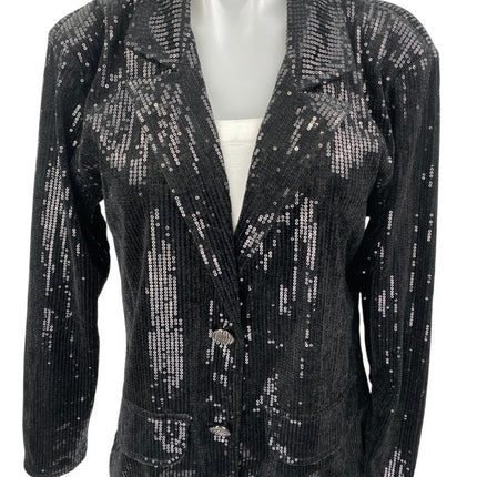 NEW Anna Kaci Black Sequin Sparkly Long Sleeve Button Blazer Coat Jacket Size M