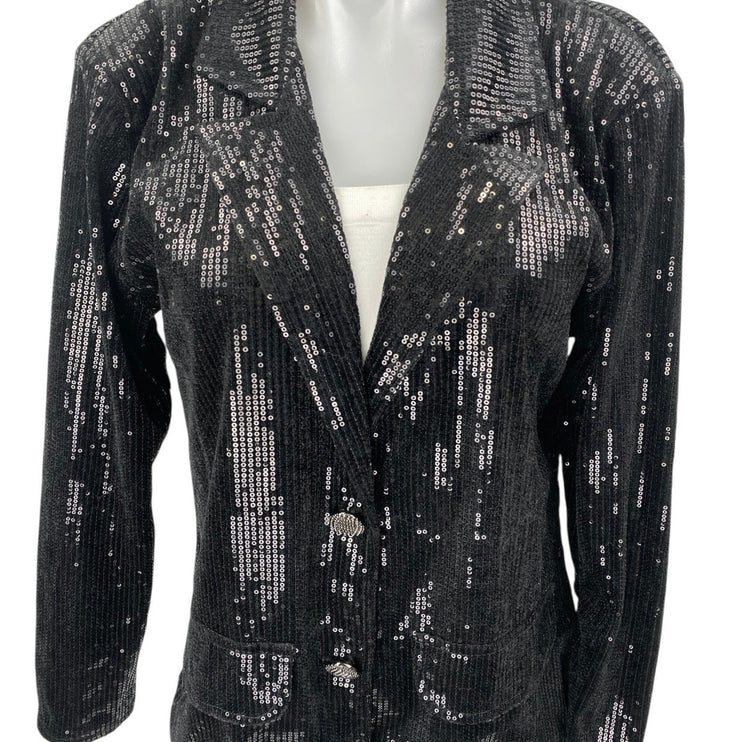 NEW Anna Kaci Black Sequin Sparkly Long Sleeve Button Blazer Coat Jacket Size M