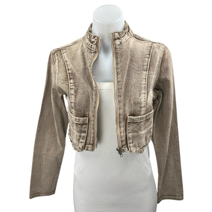 Simmi Women's Beige Washed Long Sleeve Cropped Full Zip Denim Jean Jacket Size 2