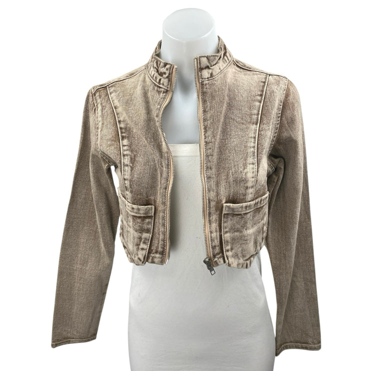Simmi Women's Beige Washed Long Sleeve Cropped Full Zip Denim Jean Jacket Size 2