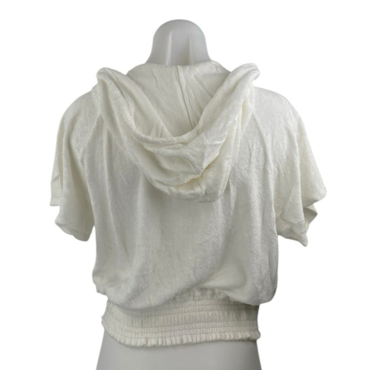 Bella Dahl White Tassels Short Sleeve Hooded Hoodie Sweatshirt Sweater Top Sz L
