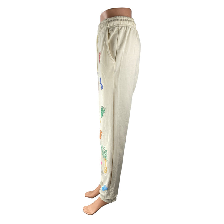 Spiezle Women's Cream Pineapple Rainbow High Rise Jogger Sweat Pants Size M