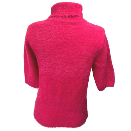Esqualo Women's Pink Fuzzy Knit Short Sleeve Turtleneck Sweatshirt Sweater Top M