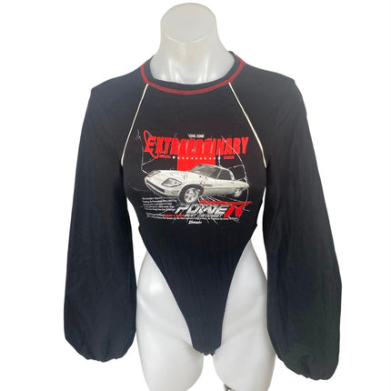 Shein Women's Black Car Graphic Print Long Sleeve Sweatshirt Bodysuit Top Size 4