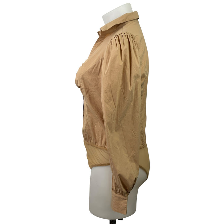 Fashion Nova Women's Tan Long Balloon Sleeve Button Down Shirt Bodysuit Top 1X