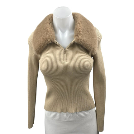 Zara Women's Brown Rib Knit Faux Fur Collar Long Sleeve Crop Sweater Top Size M
