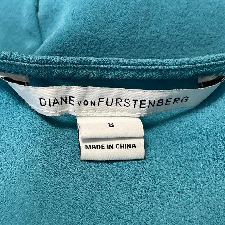 Diane Von Furstenberg Women Teal 100% Silk Cold Shoulder Drape Blouse Top Size 8