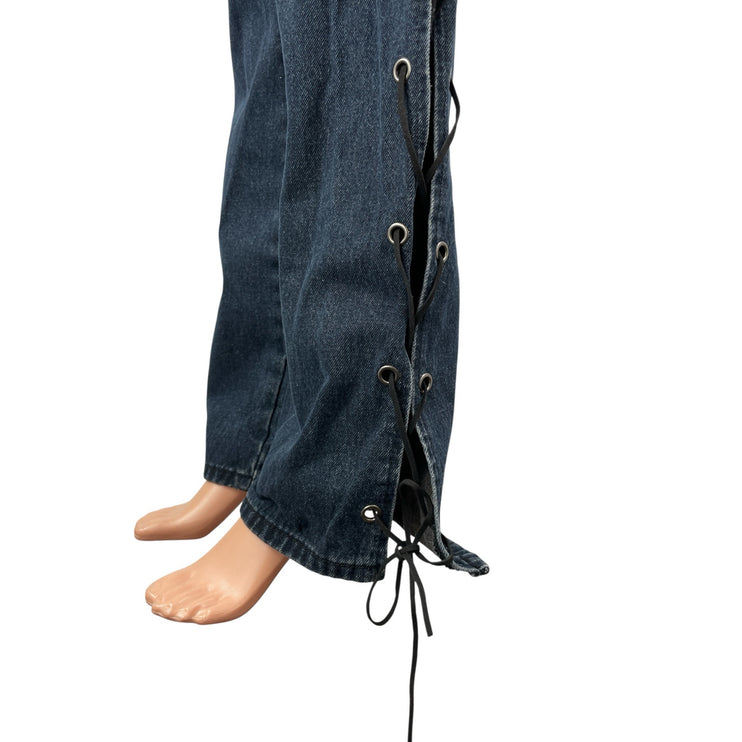 Superdown Womens Blue Dark Wash High Rise Lace Up Wide Leg Denim Jeans Pants 30