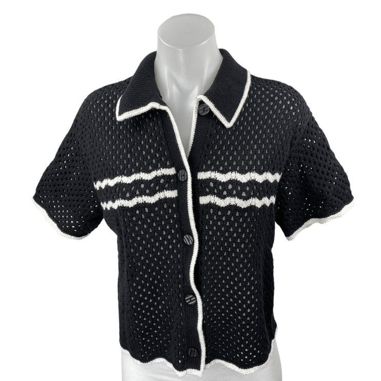 Abercrombie & Fitch Black Crochet Open Knit Short Sleeve Button Up Shirt Top S