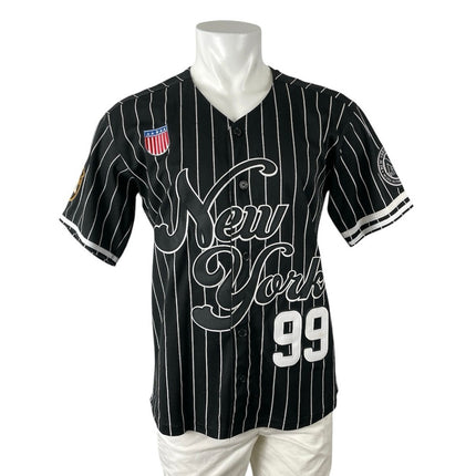 Men's Black White Striped New York 99 Short Sleeve Button Down Jersey Top Size S