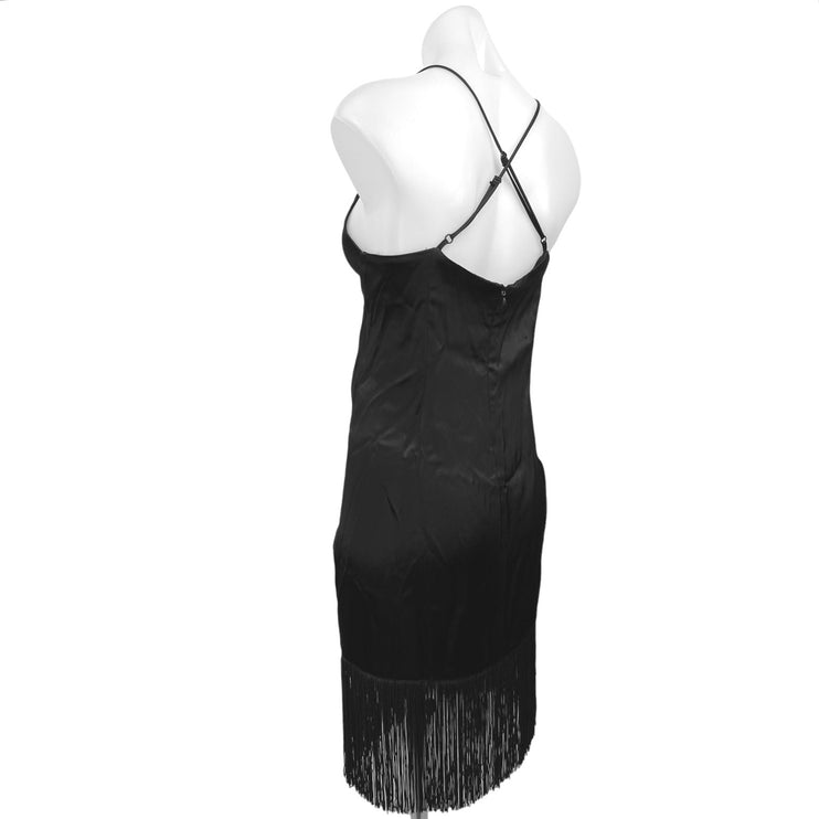 Zara Black Silk Satin V-Neck Fringe Cross Back Strap Slip Bodycon Mini Dress L