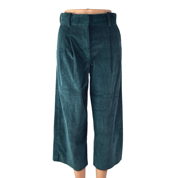 COS Blue Green Velvet Velour Corduroy High Waisted Wide Leg Trousers Pants Sz 2
