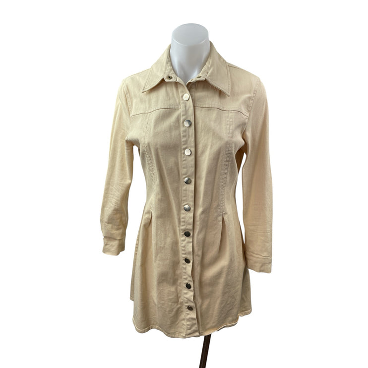 Zara Women's Beige Collared Long Sleeve Button Down Mini Flare Shirt Dress Sz M