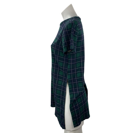 Zara Women's Green Plaid Short Sleeve Side Slit Crew Neck Blouse Top Size M