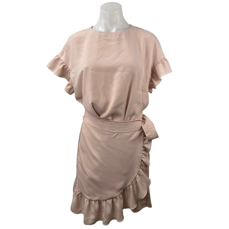 Aritzia Wilfred Women's Light Pink Ruffle Short Sleeve Mini Wrap Tie Dress Sz S