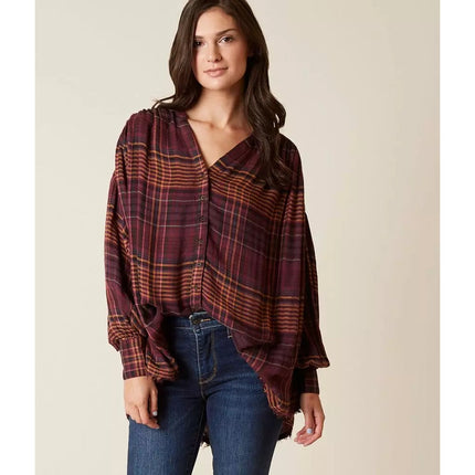 Free People Come On Over Plaid Loose Long Sleeve Button Up Tunic Shirt Top Sz M