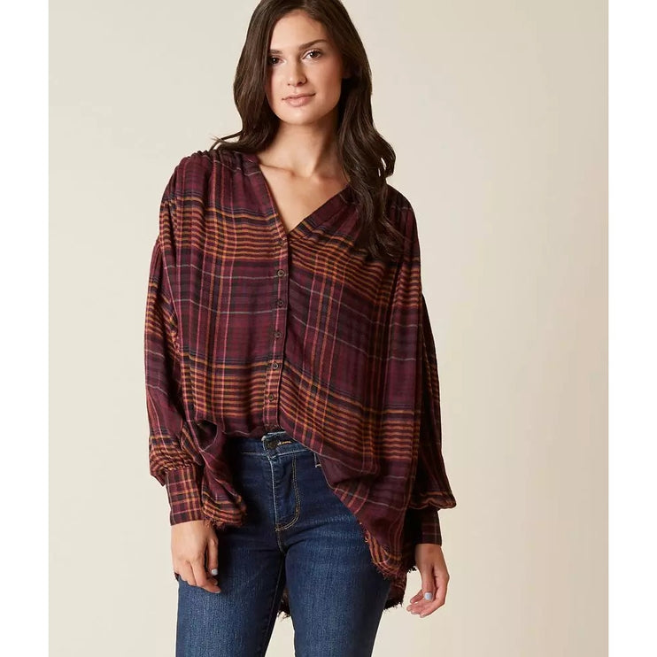 Free People Come On Over Plaid Loose Long Sleeve Button Up Tunic Shirt Top Sz M