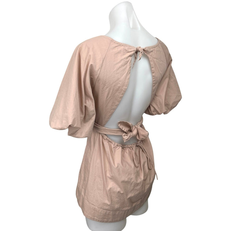 Free People Evie Pink Short Puff Sleeve Peplum Wrap Tie Tunic Blouse Top Size M