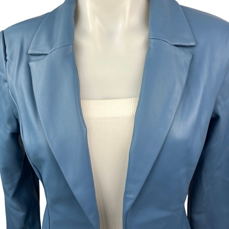 Missguided Blue Faux Vegan Leather Open Front Notch Lapel Blazer Coat Jacket 2