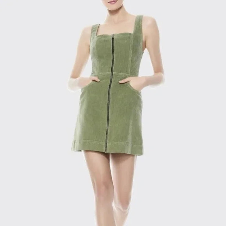 NEW Alice + Olivia Renita Green Corduroy Sleeveless Zip Up Overall Mini Dress 10