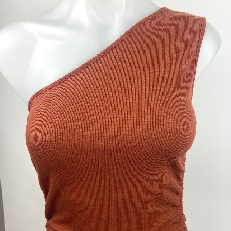 Shein Brown Ribbed Knit One Shoulder Sleeveless Mini Ruched Bodycon Dress Size L