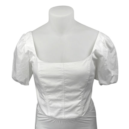 Abercrombie & Fitch White Short Puff Sleeve Smocked Corset Blouse Crop Top Sz L