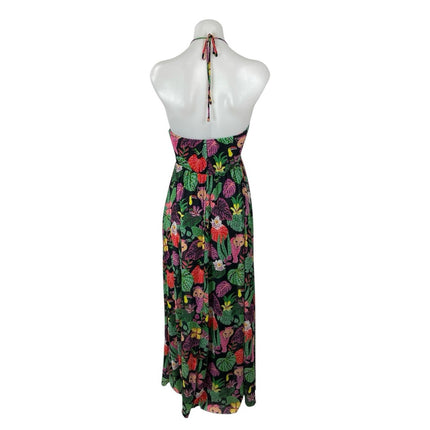 Betsy Johnson Paulina Tropical Black Halter V Neck Open Back Maxi Dress Size XS