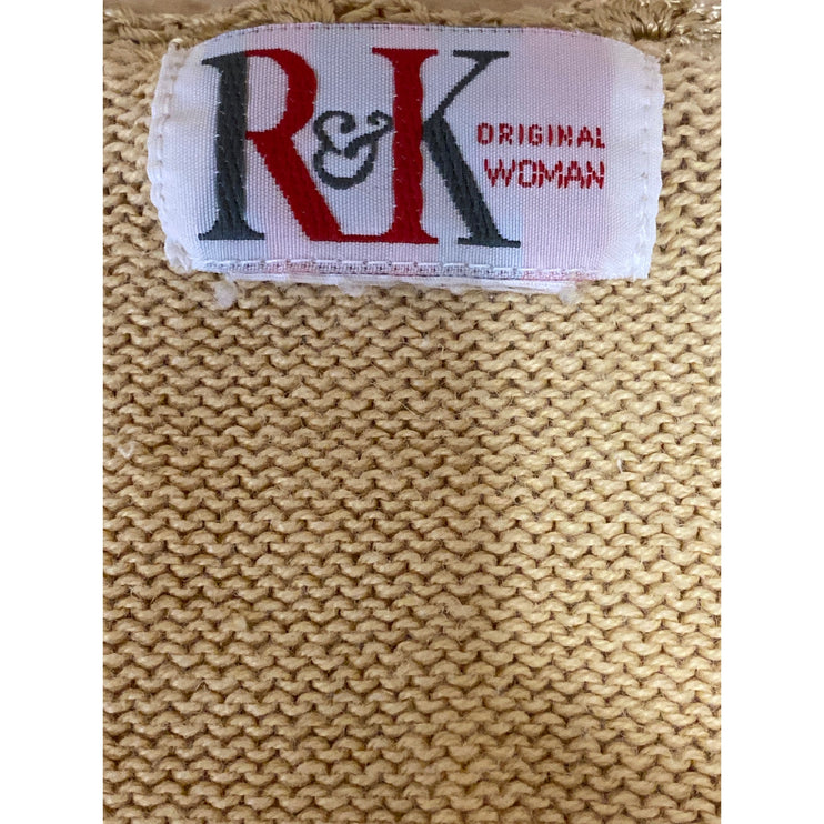 R&K Womens Yellow Floral Embroidered Short Sleeve Button Down Sweater Top Size M