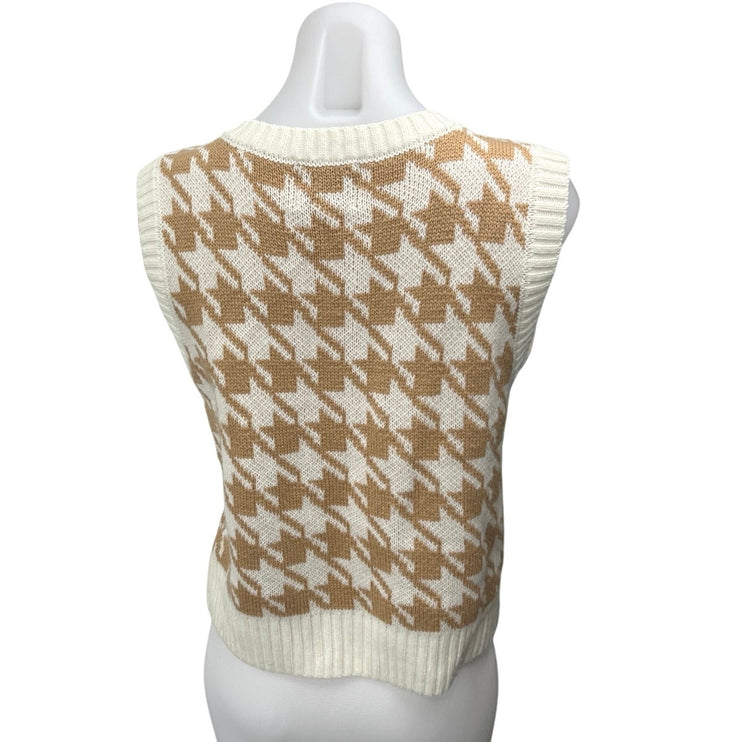 Pink Rose White Brown Sleeveless Knitted Houndstooth Sweater Vest Tank Top Sz L
