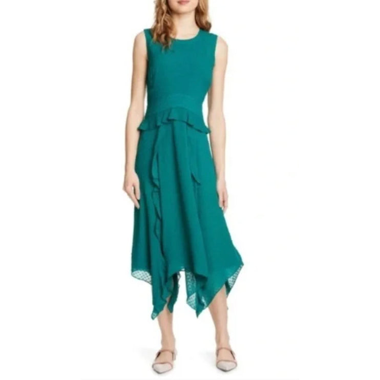 Club Monaco Green Sleeveless Swiss Dot Ruffle Asymmetric Midi A Line Dress Sz 2