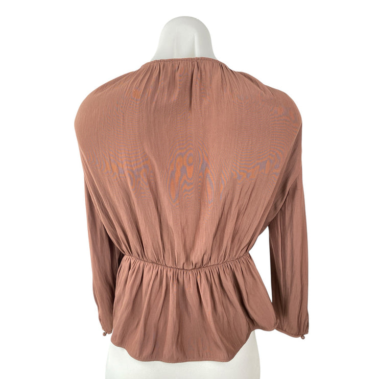 Aritzia Wilfred Shanina Womens Brown Deep V Neck Long Sleeve Tie Blouse Top Sz S