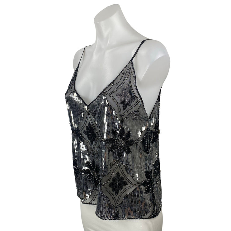 Women's Black Sequin Sparkly Sleeveless V Neck Cami Camisole Tank Top Size M/L