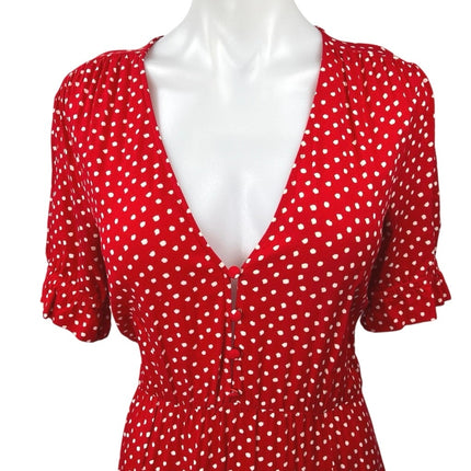 Zara Red Polka Dots V-neck Short Puff Sleeve Ruffle Hem Slit Midi A-line Dress S