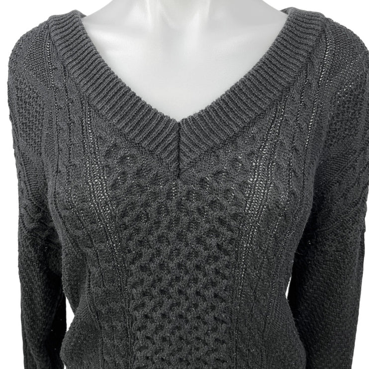 Lulus Women's Black Cable Knit V-neck Long Sleeve Pullover Crop Sweater Top S