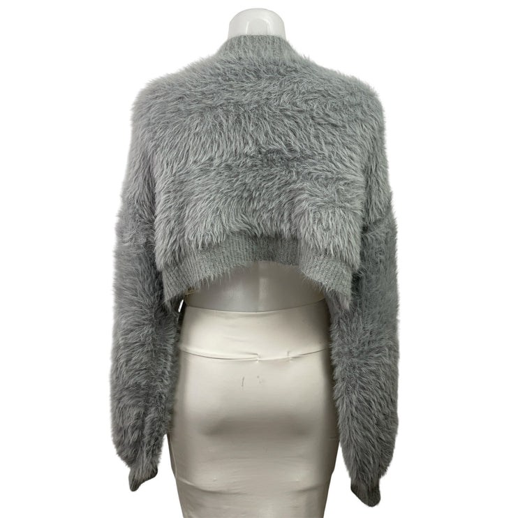 FRNCH Women's Gray Faux Fur Fuzzy Long Sleeve Cropped Open Cardigan Sweater OS