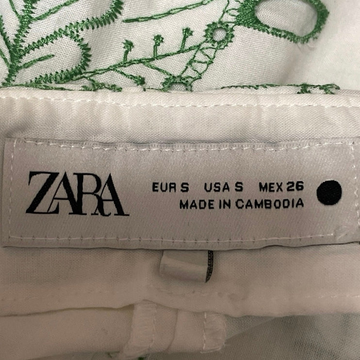 Zara Womens White Green Embroidered Knot Front Crop Top & Shorts Coord Set Sz S